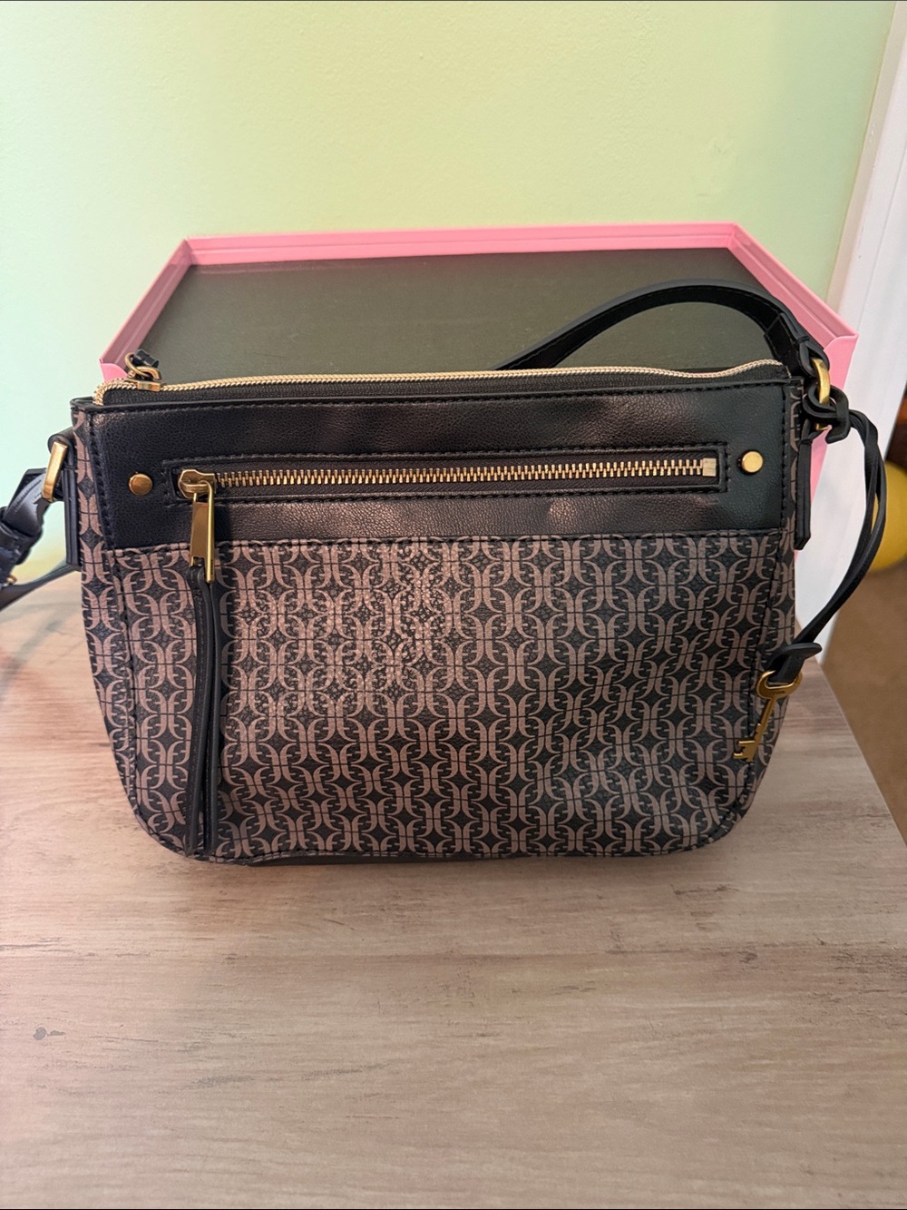 Fossil Black and Gray Monogram Crossbody Bag